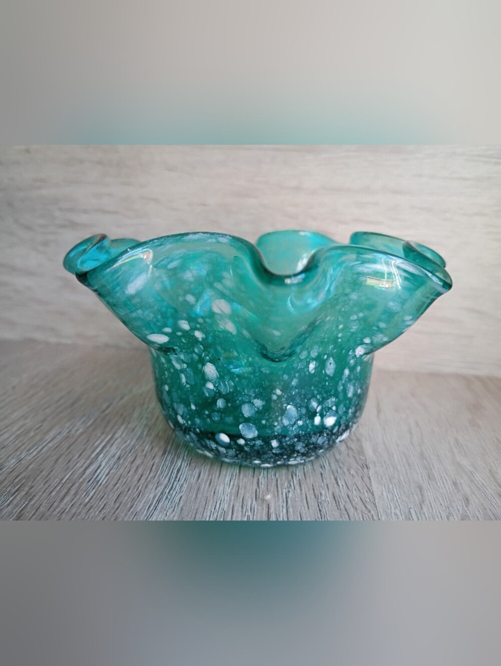 Vintage Blown Glass Bowl Aqua & White Ruffled Edges Home Decor Art Trinkets 2.5"